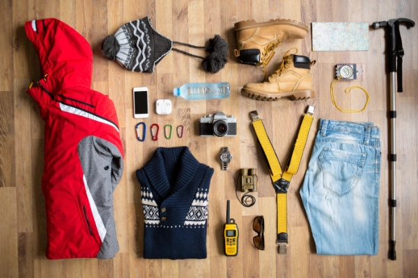Table top view of hiking equipment